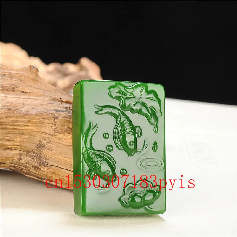 

Natural Hetian Green Jade Fish Lotus Pendant Necklace Carved Fashion Fine Jadeite Jewelry Charm Amulet Gifts for Women Men