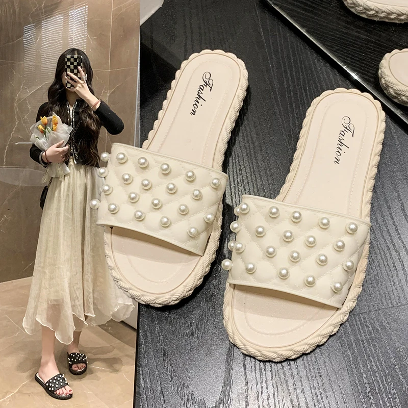 

Sweet Leisure Basic Slippers for Women Flat Flat Heels Women Shoes Solid String Bead Summer Slippers Plus Size Zapatillas Mujer