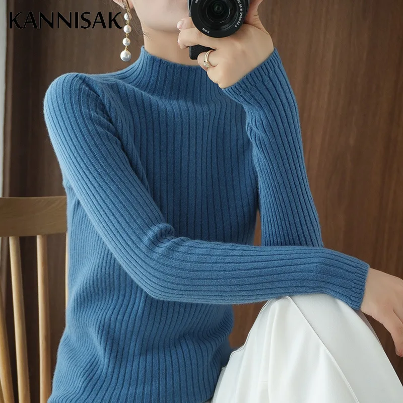 Womens Sweater Solid Mock Neck Inner Bottoming Shirt Korean Slim Fit Stretch Pullovers Autumn Winter Casual Knitted Warm Jumpers 3