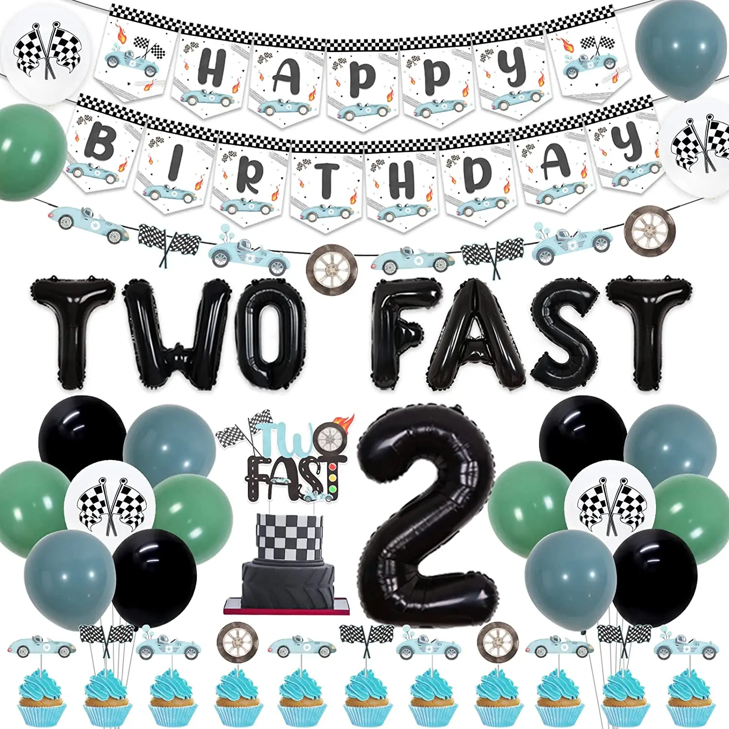 Pirese 'Two Fast' Birthday Decorations Kit - Racing Theme Banner, Foil Balloons, Confetti Balloons For 2nd Birthday Party, Boys