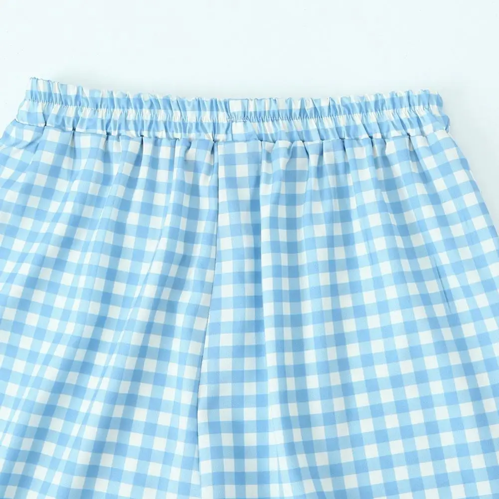 Женские брюки с высокой талией, повседневные брюки в клетку с принтом и оборками на подоле, стильные прямые брюки с эластичным поясом
