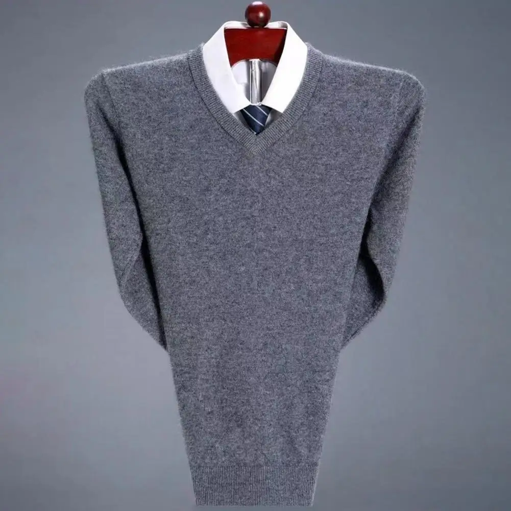 

Versatile Sweater Men's V Neck Solid Color Knitted Sweater Fall Winter Thick Pullover Soft Elastic Mid Length Sweater V-neck