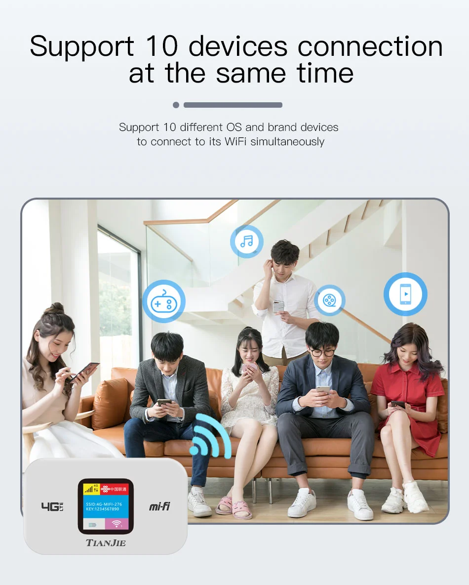 TIANJIE High Speed 4G WIFI Router Modem Pocket Hotspot Portable Wi-Fi Travell Partner Unlocked 150Mbps Sim Card Slot