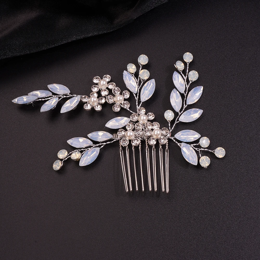 Handmade Wedding Opal Rhinestones Flower Hair Comb Clip Bridal Hair Comb Piece Gold Accessories for Brides Wedding