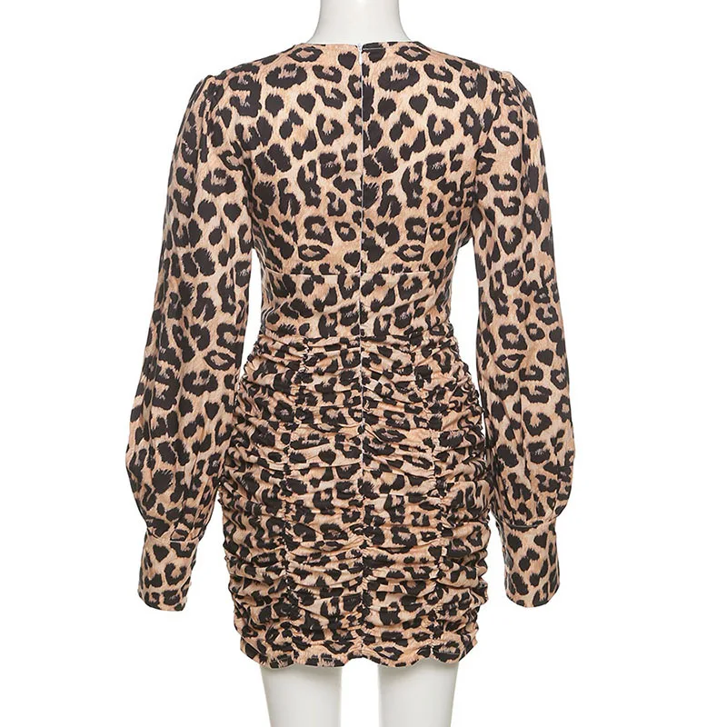 Elegant Leopard Print Bodycon Dress Women Deep V-neck Long Lantern ...