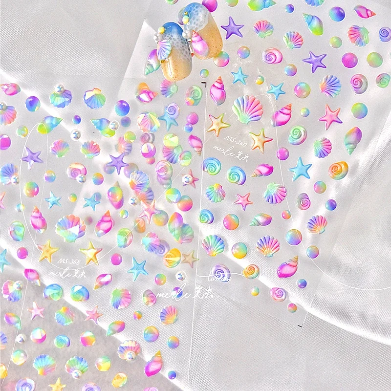 Fantasy Beach Summer Dreamy Colorful Seasnail Shell Pearl Conch Jelly Star 5D Decals Soft Relief 3D Decoration Nail Art Stickers 4