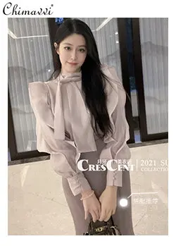 Palace Style Stand Collar Ruffle Butterfly Lace-up Chiffon Shirt Women 2023 Spring New Half-High Collar Long Sleeves Blouse