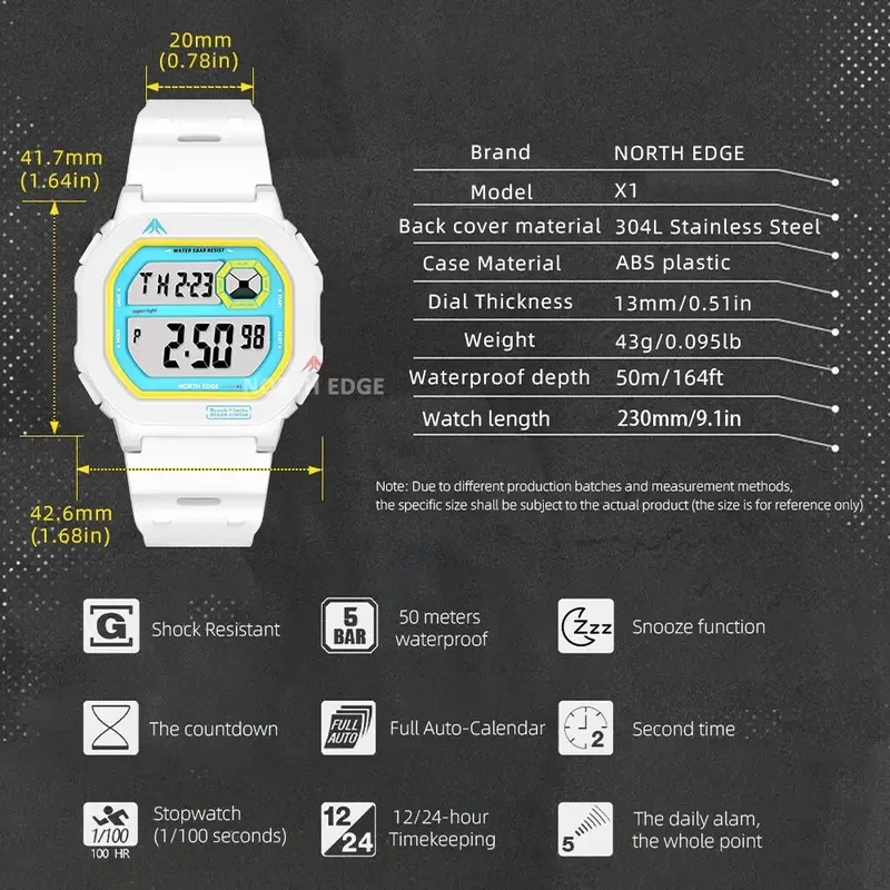 NORTH EDGE 2026 Men's Waterproof Smart Watch – Digital Square Design with Stopwatch, Countdown, Alarm, and Luminous Display