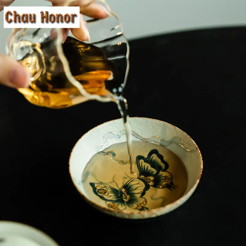 100ml Blue And White Flint Red Teacup Handmade Gold Drawing Butterfly Master Cup Personal Wide Mouthed Puer Tea Bowl Drinkware