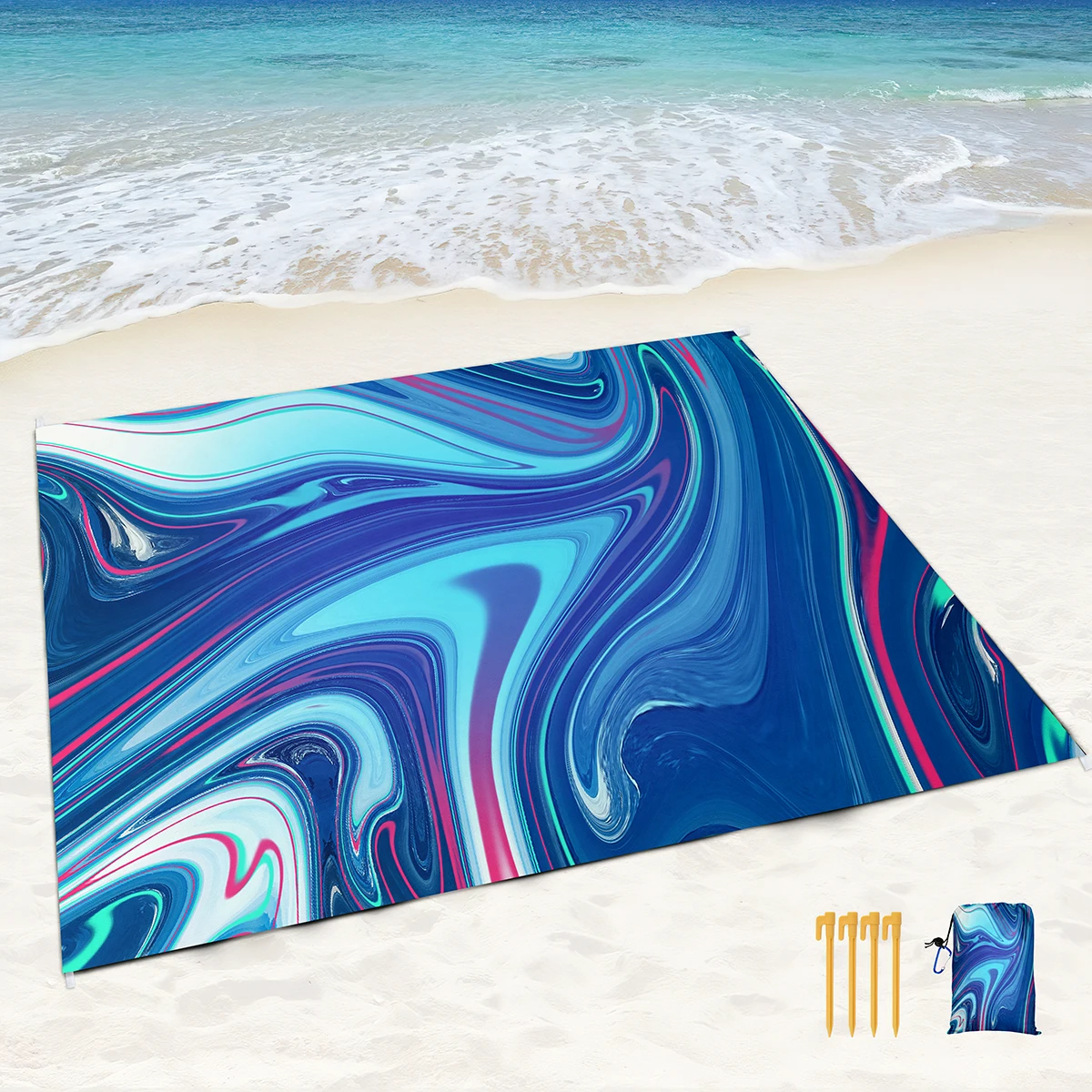 Beach Blanket Waterproof Sandproof,Blue Marble Black Picnic Rugs with Sand Pockets and Stakes,Marbling Outdoor Pad for Seaside 2