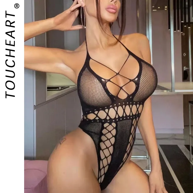 Toucheart Sexy Fishnet Cutout Jumpsuit For Women Solid Color Mesh Patchwork Halter See-through Backless Jumpsuit Sexy Lingerie