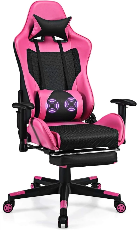 

PU Leather Massage Gaming Chair Pink,Ergonomic Video Game Chair with Footrest, High Back with Headrest & Massager Lumbar Support