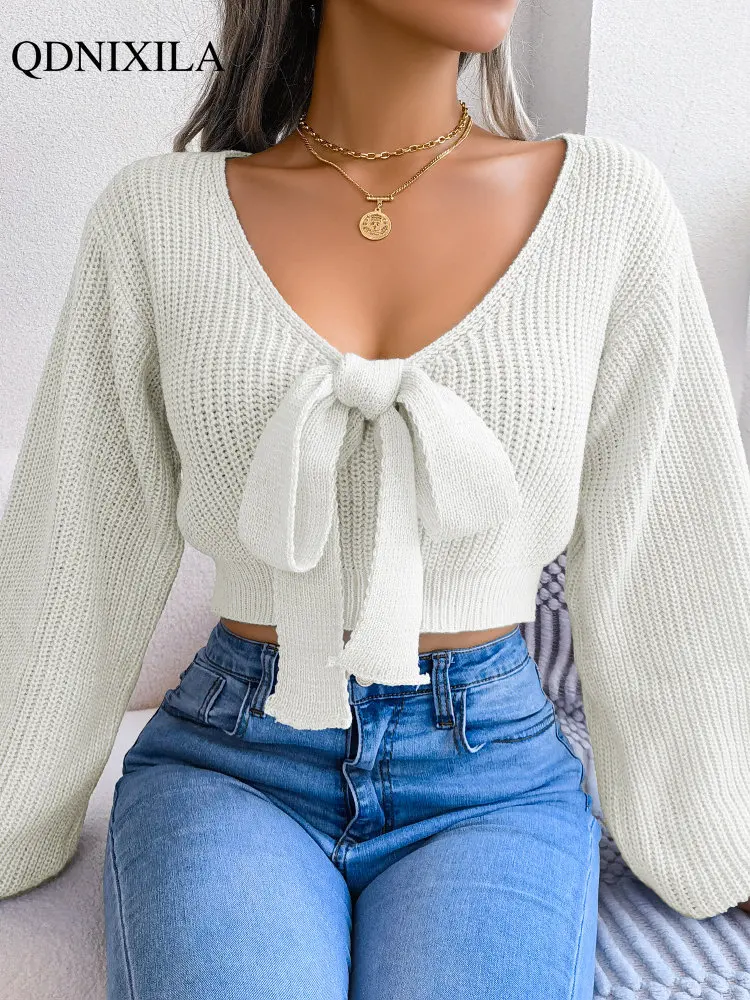 

2022 Autumer Winter Knit Chic Women Sweater Lantern Sleeve Pollover Short Bow Tie Korean Style Jumper Solid Elegant Sexy V Neck