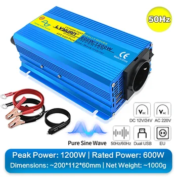 1000W 1200W 2000W อินเวอร์เตอร์ DC 12 V/24 V ถึง AC 220V Pure Sine Wave รถอะแดปเตอร์แปลง 50Hz/60Hz Dual USB EU Universal RV 9