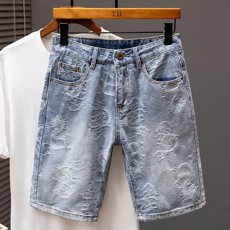 2024 Summer New Personality Dragon Print Stylish Straight Blue Denim Shorts Male Street Style Men's Straight Denim Shorts 1