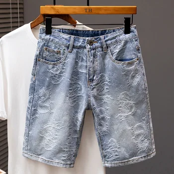 2024 Summer New Personality Dragon Print Stylish Straight Blue Denim Shorts Male Street Style Men's Straight Denim Shorts 1