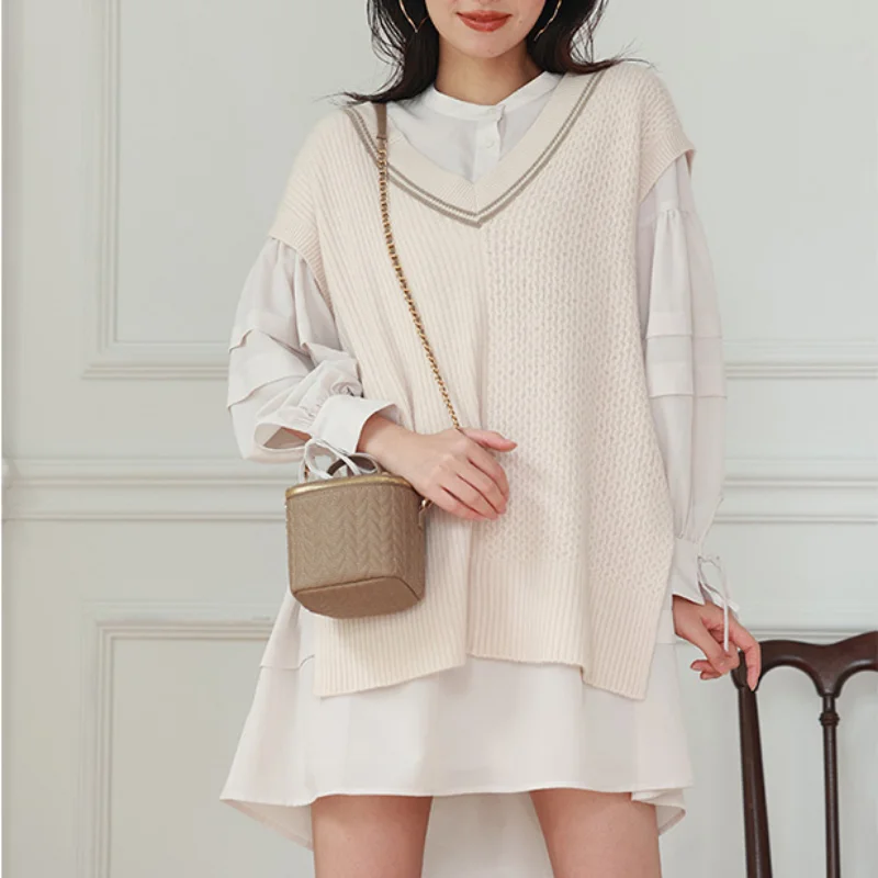 

Autumn New Two Peice Sets Womens V Neck Sleeveles Knitted Sweater Vest + White Mini Shirts Vestidos Gentle Fairy Dress Suits