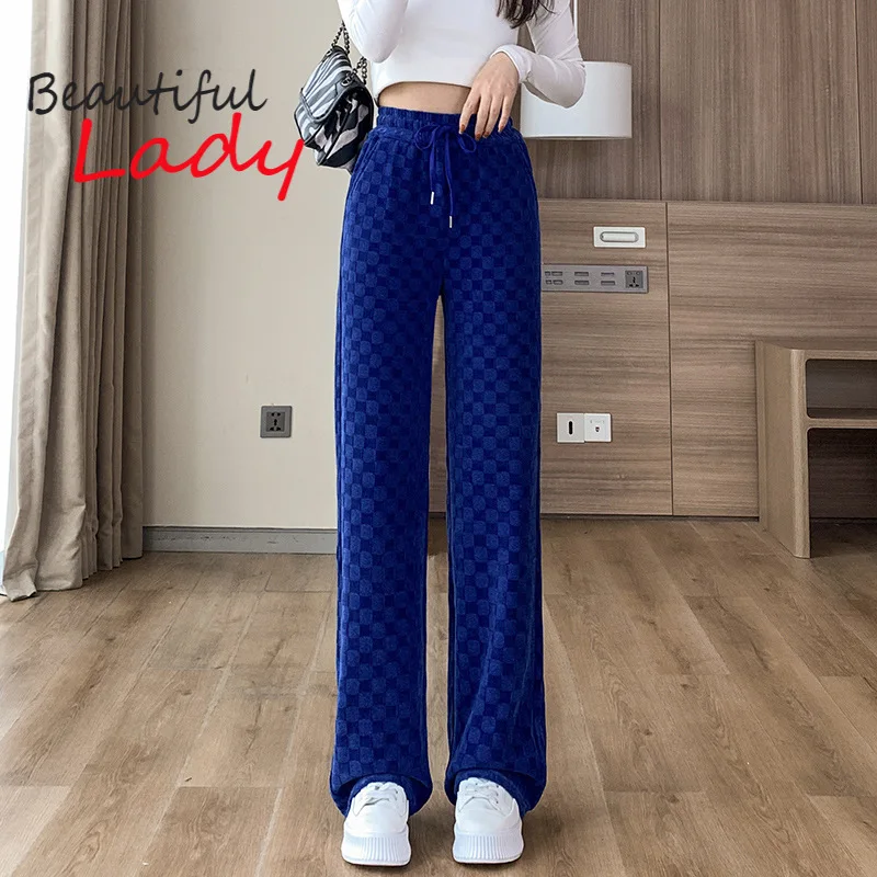 

2022 Spring New Large Size Corduroy Wide Leg Pants Women High Waist Pants Loose Straight Pants Drawstring Full Pants