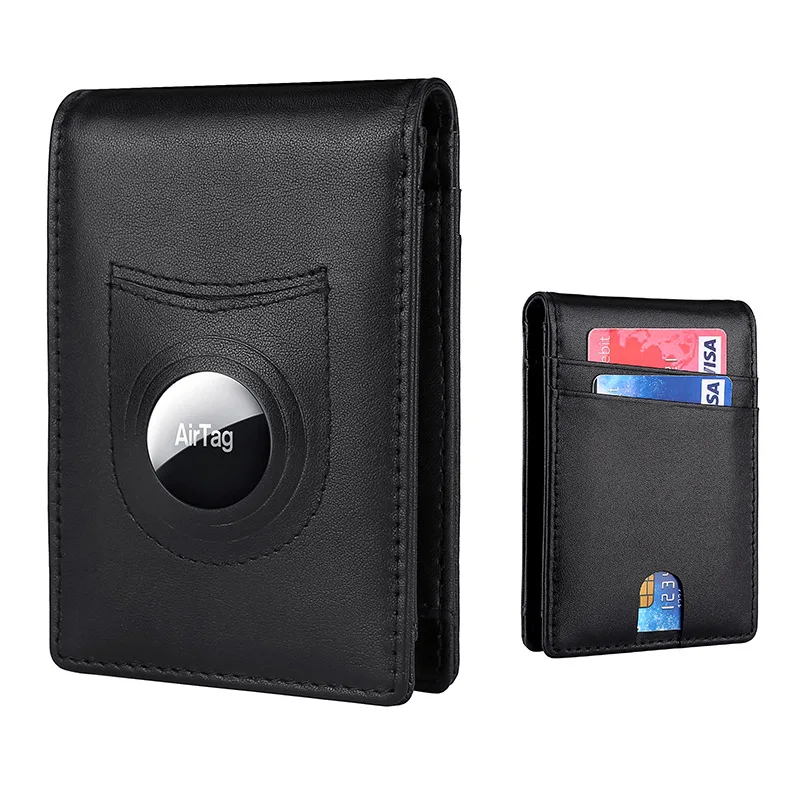 Men Airtag Short Bifold Wallet Genuine Leather Thin Cash Photo Coin Purse Pocket Card Holder Slim Wallets for Male