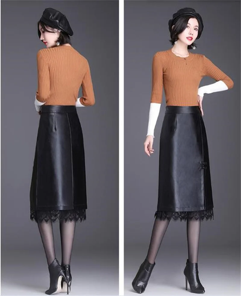 brown skirt High-quality Pu + Lace Stitching Black Skirt Women Skirt 2022 New Autumn Winter High Waist Was Thin Package Hip Leather Skirt satin skirt