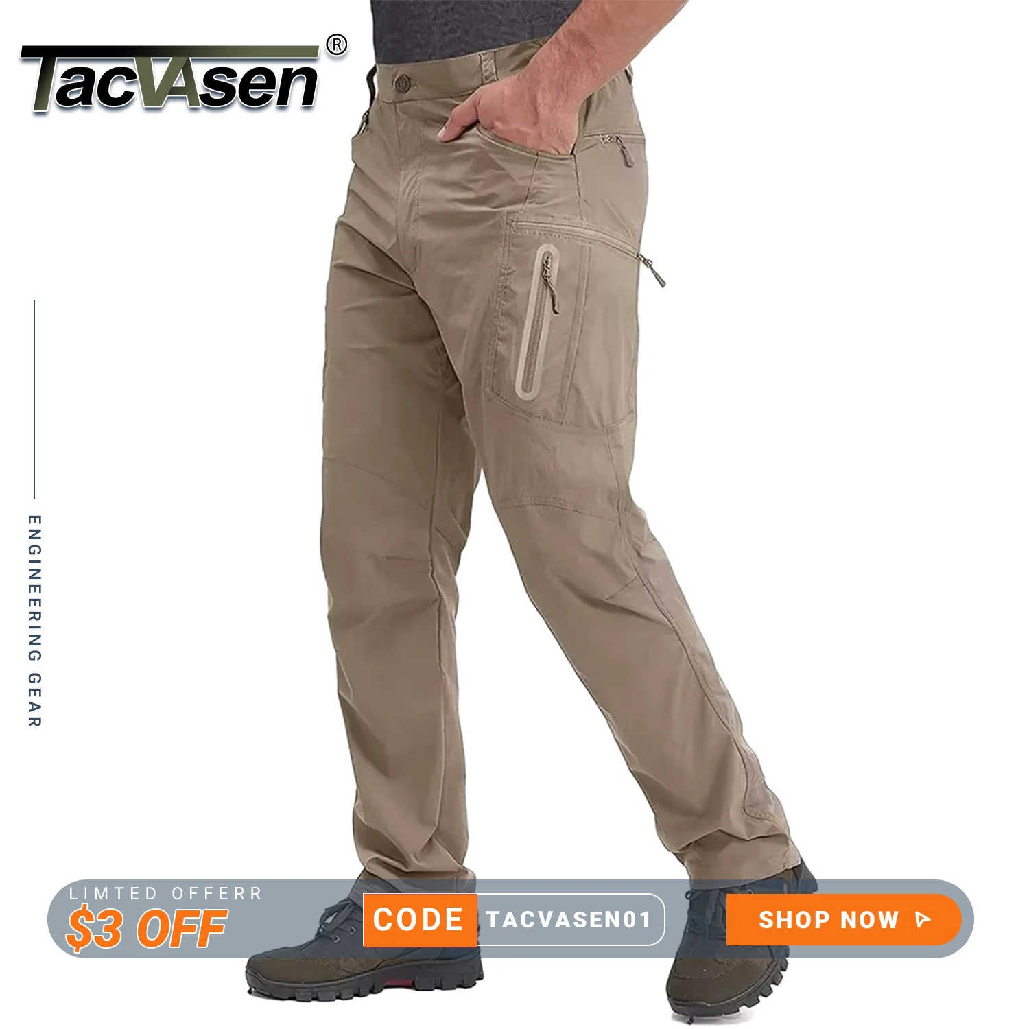 TACVASEN 남성용 경량 바지, 야외 하이킹, 나일론, 빠른 건조 포켓, 카고 바지, 캐주얼 작업 바지, 여름 낚시 바지