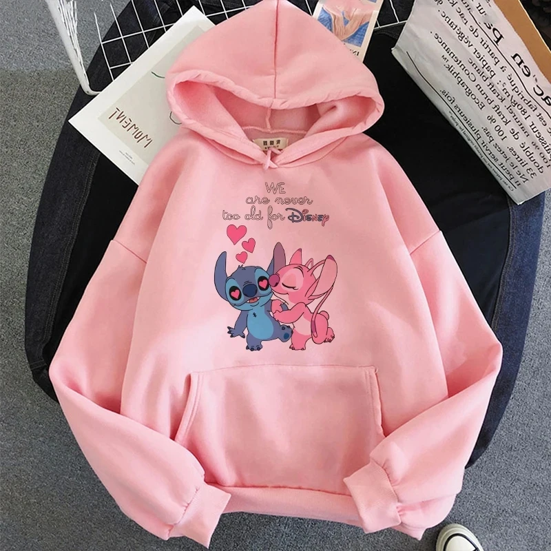 

Disney Women's Hoodie Pink Lilo&Stitch Film Printed Loose Sweater Fashion Women's Pullover Kawaii Korean Edition Couple Top