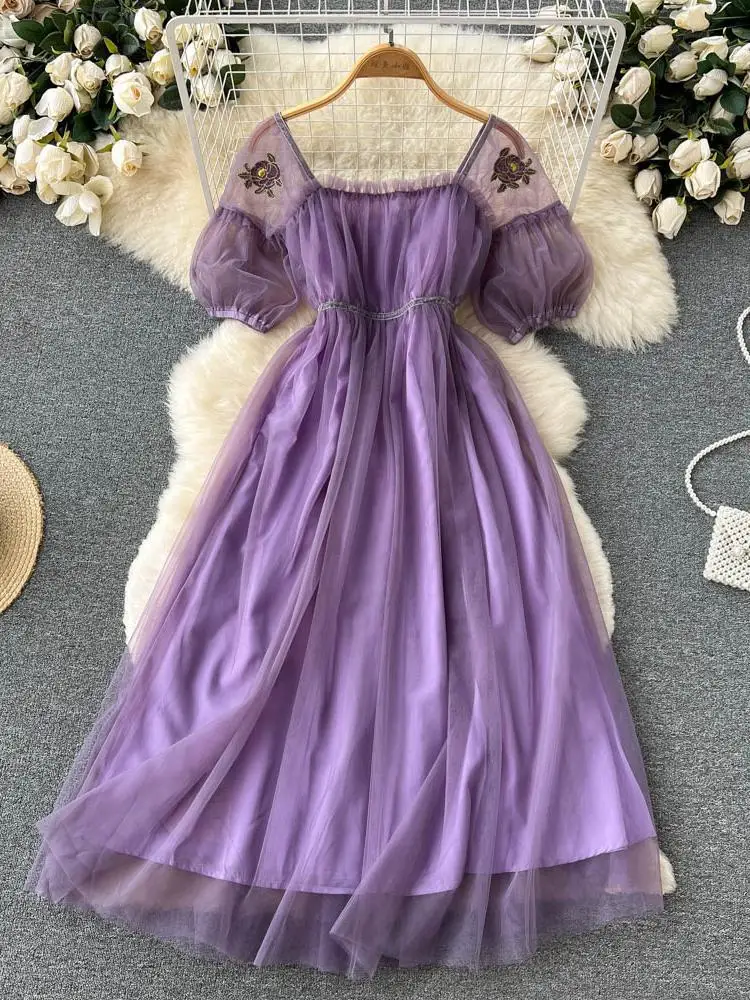

ZCWXM Vintage French Mesh Purple Dress Women Sexy Square Neck Embroidery High Waist Short Puff Sleeve Bohemian A-line Dress