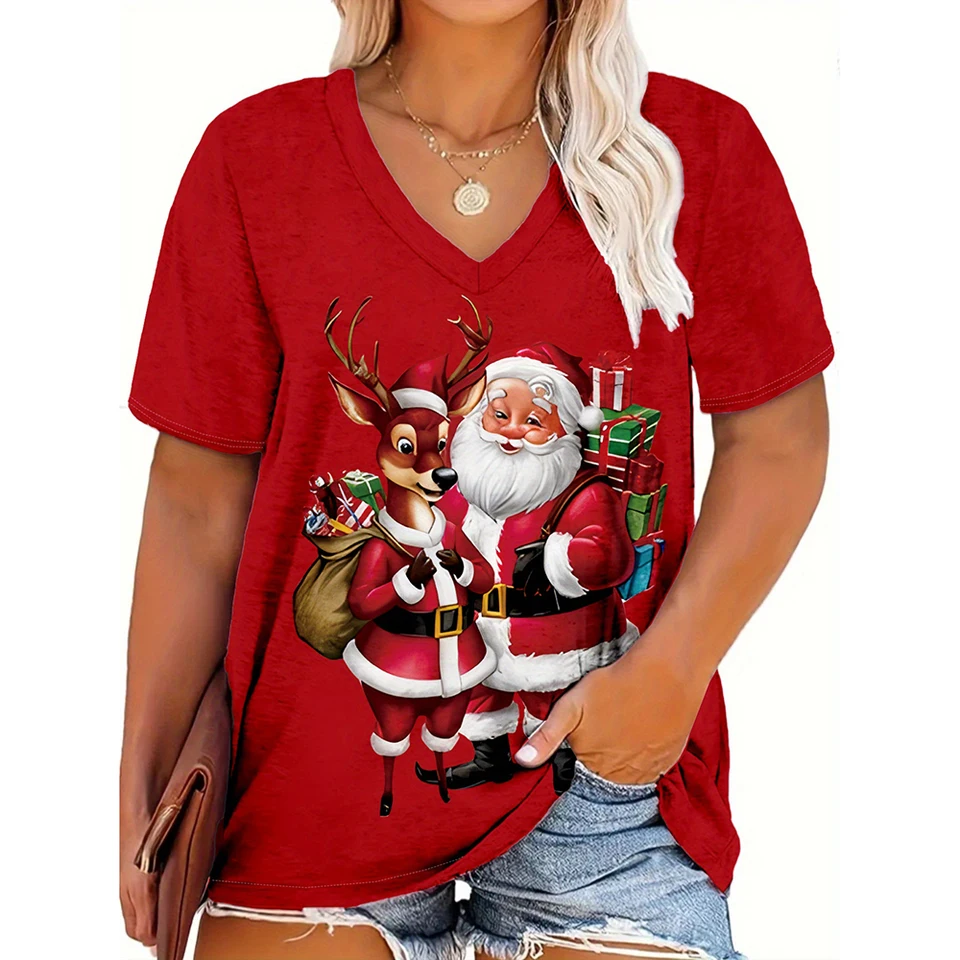 T-shirt De Noël Pour Femme – Manches Longues, Col Rond – Motifs Festifs (Père Noël, Sapins, Flocons) – Taille Oversize