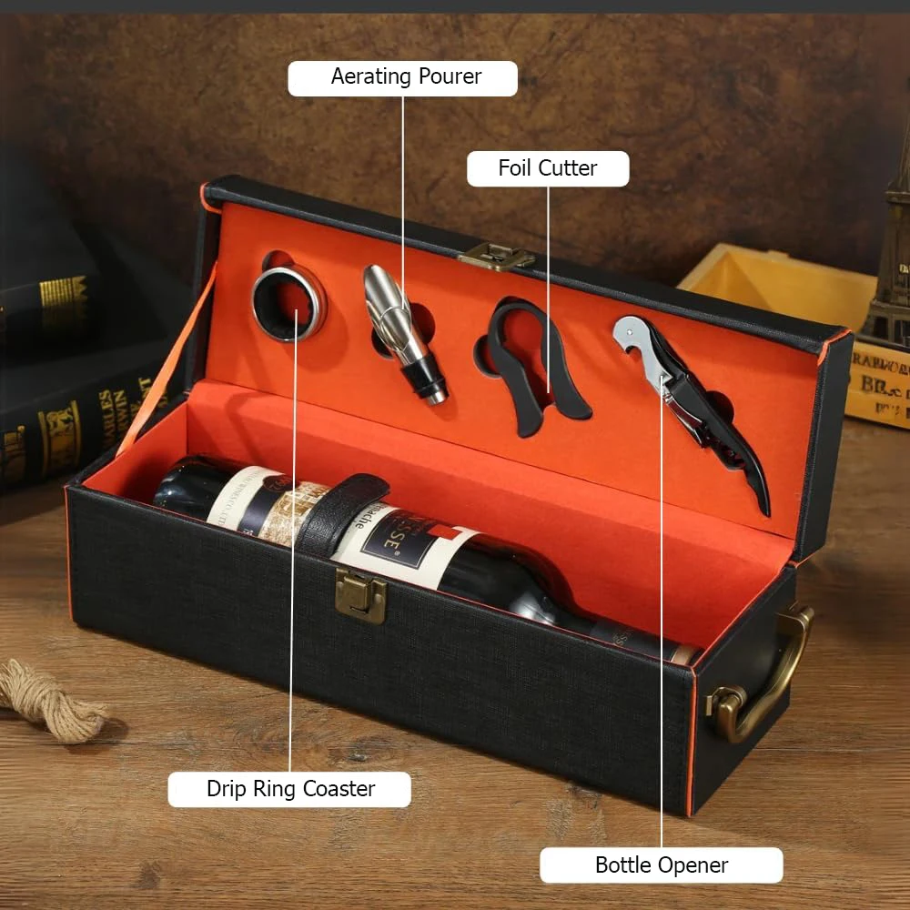 Single Wine Bottle Gift Box with Accessories Set – PU Leather Portable Carrying Case wi... - SKU SWBB2104 - UGI Packaging