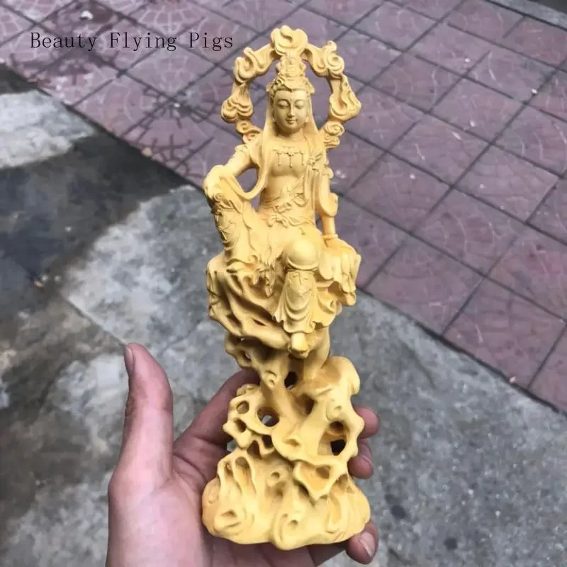 

Chinese classical boxwood carving, Guanyin Buddha statue, home decoration, Zen style living room, office desktop decoration