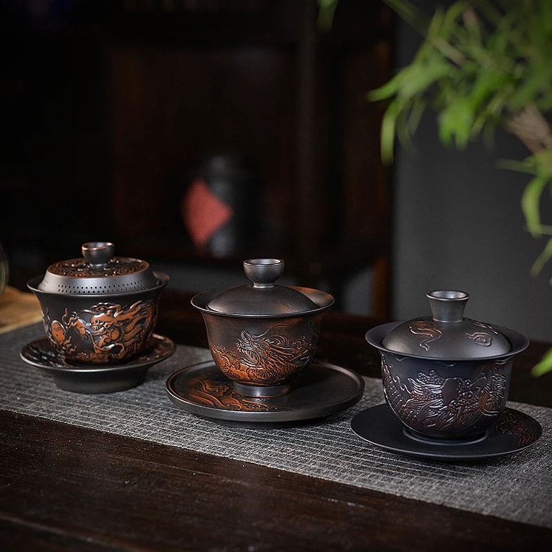 Dragon Purple Pottery Vintage Gaiwan Ceramic Jump Knife Process Tea Tureen Pigmented Kung Fu Drinkware Tea Tureen