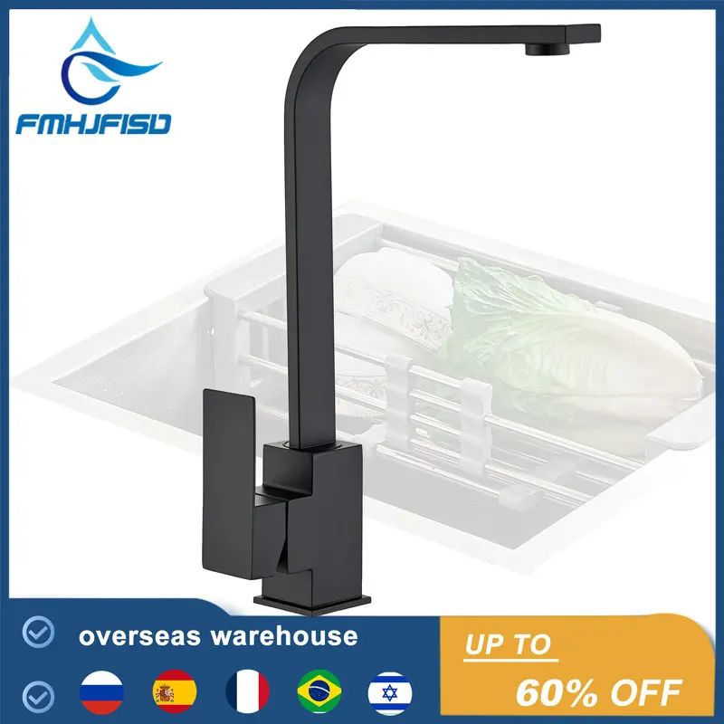 Square Kitchen Faucet Matte black Polished Chorme Hot and Cold Kitchen Sink Tap 360 Degree Rotation Mixer Deck Mounted Water Tap