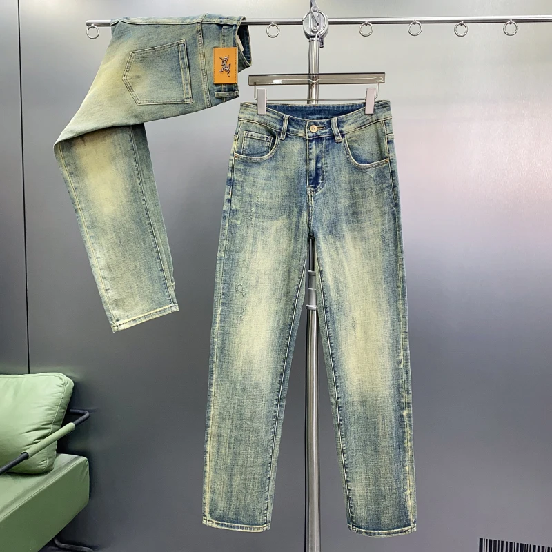 2024 heavy wash nostalgia straight jeans Slim thin elastic men's trousers spring and summer fashion simple retro blue trousers