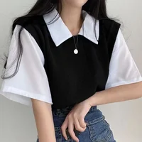 Haut à col polo bloquant les documents de style académie d'été pour femmes, faux t-shirt deux pièces à manches courtes, chemisier décontracté polyvalent, paresseux, adt 1