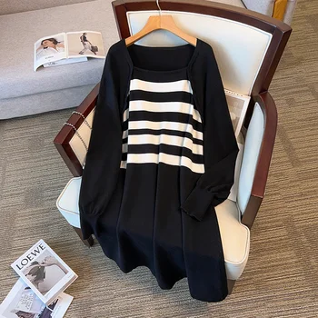 Plus Size Women's Bust 160 Autumn Winter Loose Long Square Neck Sweater Dress Black 4XL 5XL 6XL 7XL 8XL 9XL 155Kg