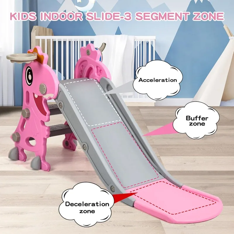 Toddler Slide With Basketball Hoop For Ages 1-3 - Indoor/Outdoor Dinosaur Pink Climber Playset