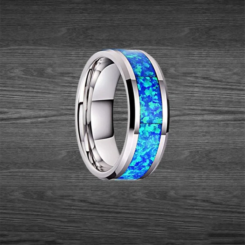

BAOSHINA Fashion Blue Opal Stainless Steel Rings For Men Women Party Wedding Male Jewelry Unisex Hand Accessories Size 6-13