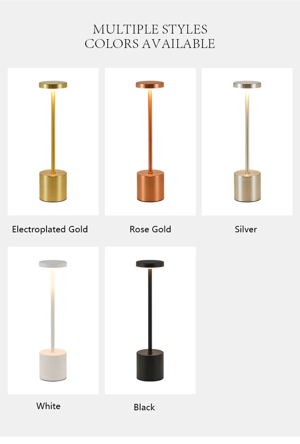 Description Picture 4 of itemLED Rechargeable Touch Metal Table Lamp Dimmable 3 Color Temperatures Bedside Creative Ambient Light Bar Hotel Decor Night Light