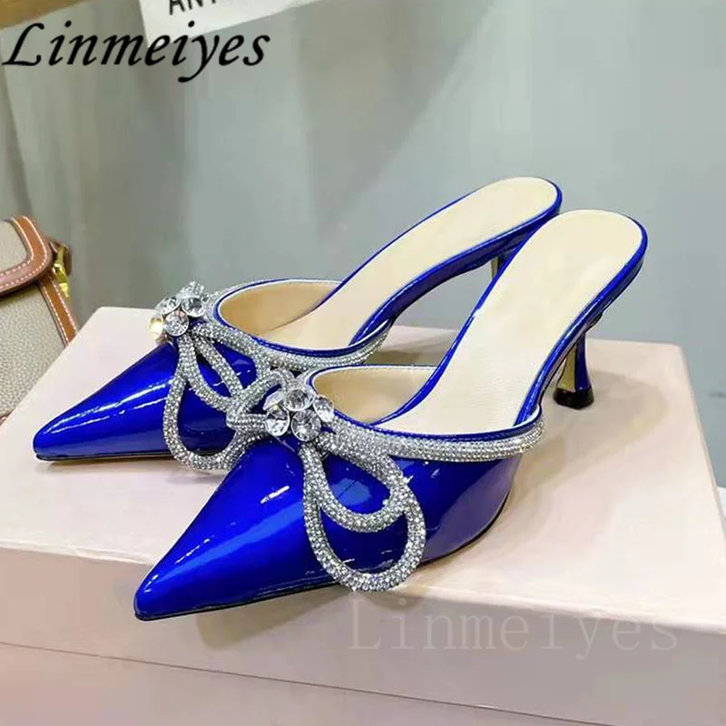 

Sexy Thin Heels Slippers Women Pointed Toe Crystal Butterfly-knot Slingbacks Slides Summer Stiletto Wedding Party Sandals Woman