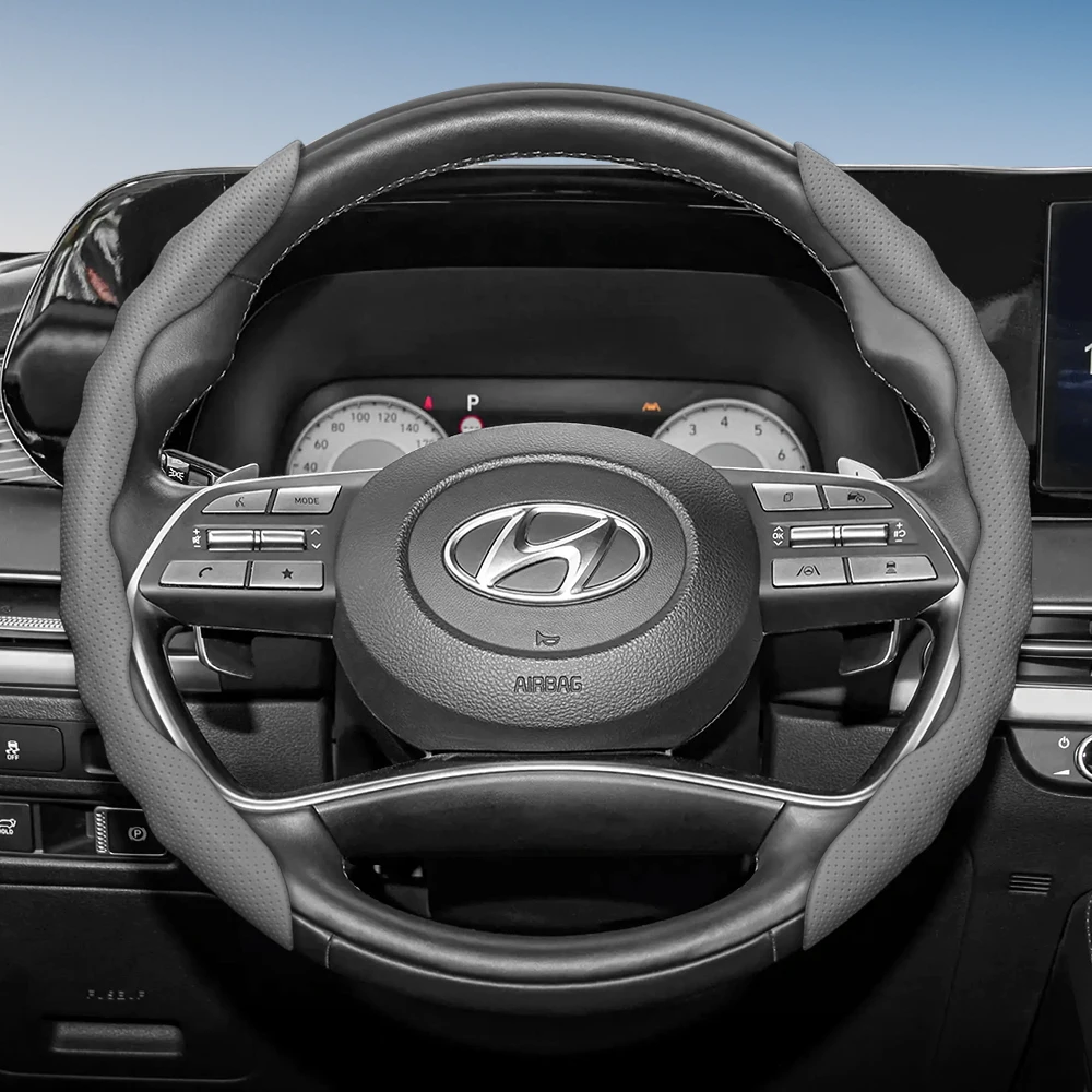 Steering Wheel Cover with Wavy Sports Design - Breathable Leather, Segmented Anti-Slip, Sweat-Absorbing Protective Cover
