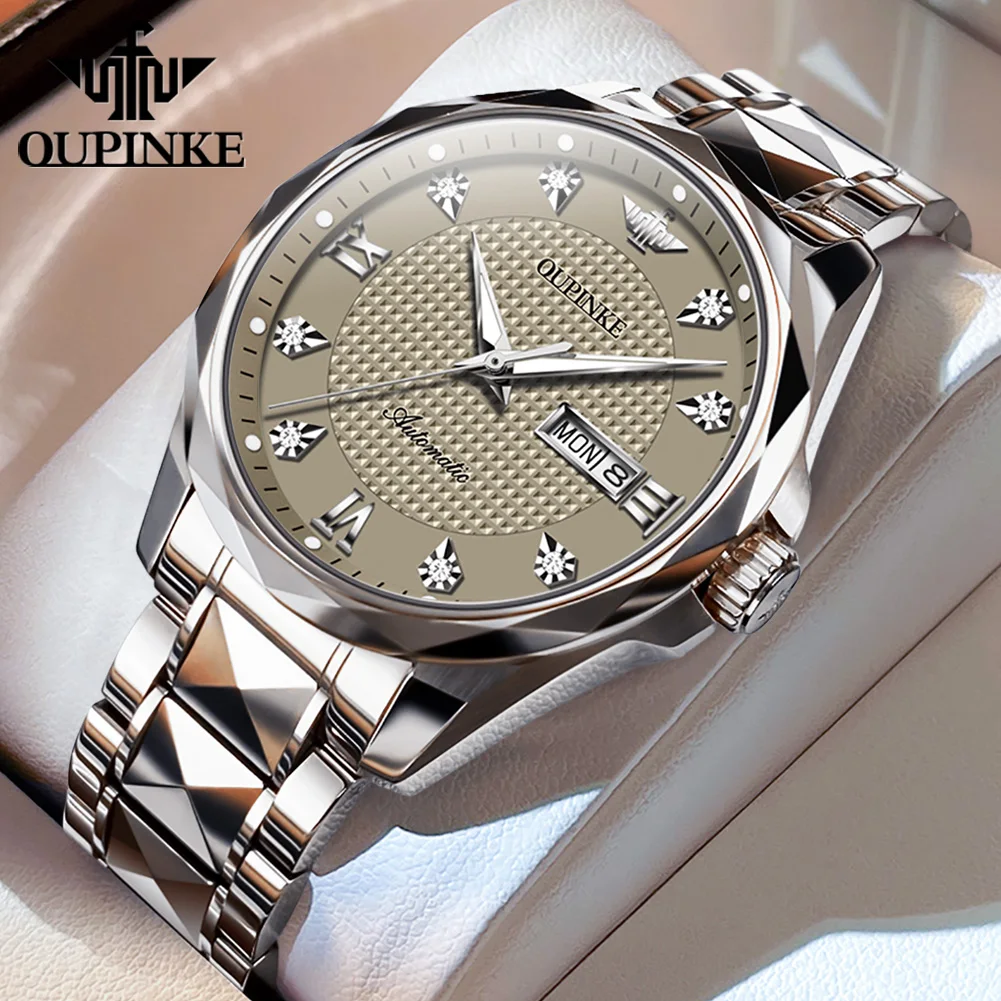 

OUPINKE Brand Mens Mechanical Wristwatches Waterproof Automatic Watches Stainless Steel Sapphire Business Luminous Week Calendar