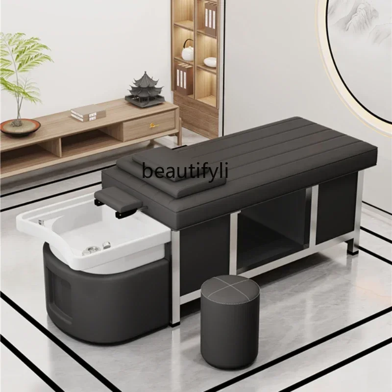 Hair Salon Shampoo Chair Barber Shop Hair Salon Thai Flat Lying Massage Couch Ceramic Basin Steaming Bed with Water Circulation push pull thai style shampoo chair lying completely style with beauty hole massage and hairdressing