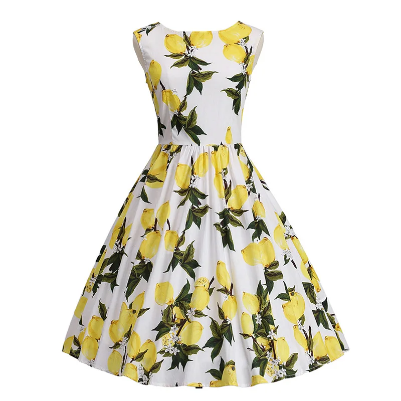 Lemon Print Vintage Cotton Dress Sleeveless Plus Size 4XL Women Pin Up Retro Dress Elegant Party Vestidos Ladies Summer Dresses