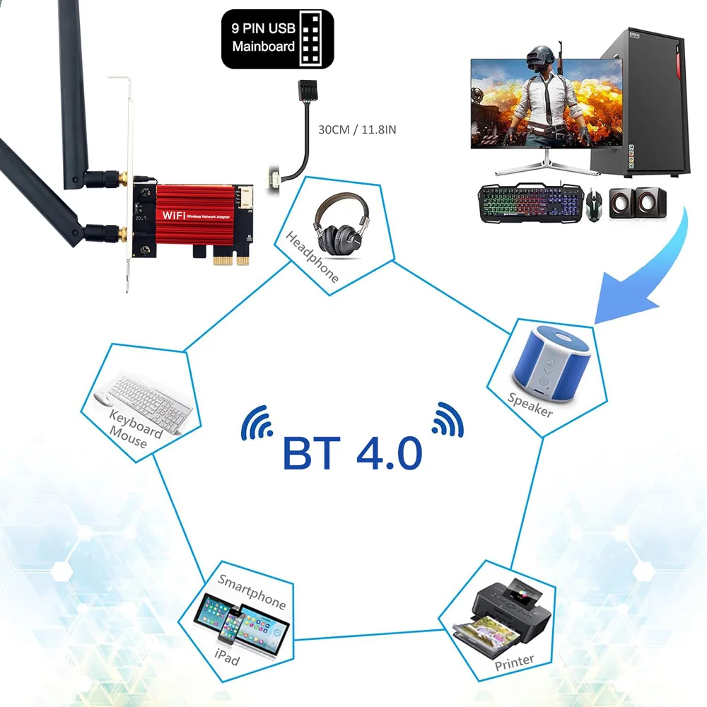 WiFi 5 AC1200 PCI-E 무선 어댑터 네트워크 카드 BT 4.0 듀얼 밴드 2.4G/5GHz 802.11AC Windows 7/8/10/11 용 데스크탑 노트북 PC