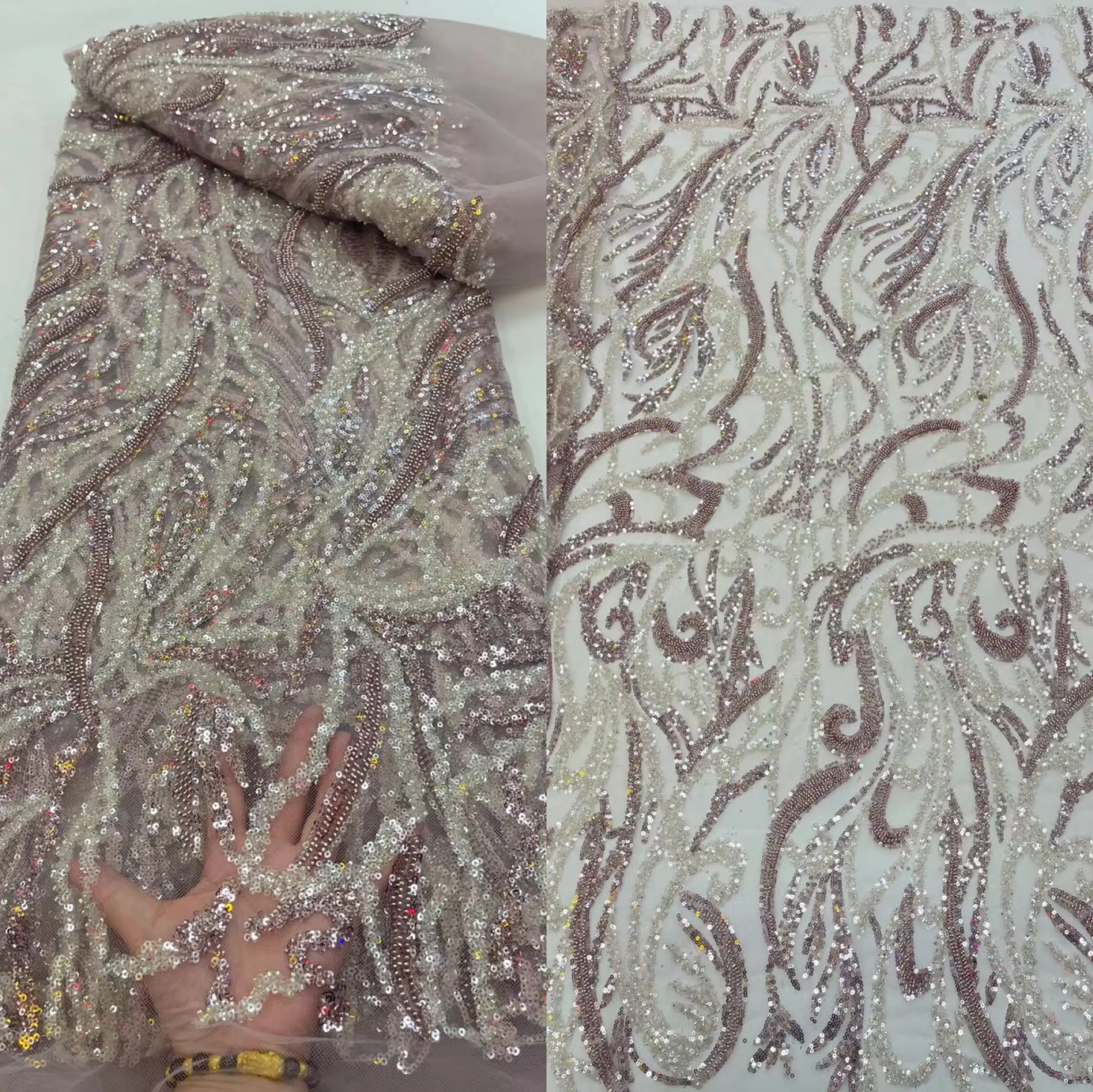 

African Lace Fabric Embroidered Sequin and bead Nigerian Lace Fabrics ZH-1228613 High Quality French Tulle Lace Fabric For Dress