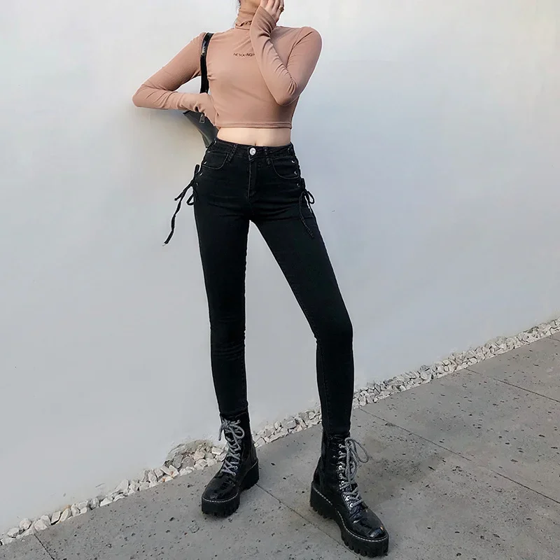2024 Korean Chic Black Denim Jeans Women's Fall and Winter Side Straps Tight Thin Pencil Pants Foot Pants Female Solid Trouser