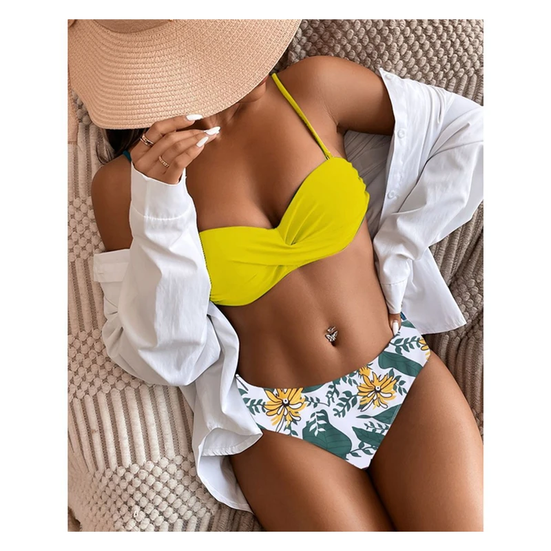 2022 Sexy Women Floral Print Swimwear Two Pieces Bikini Halter Strap High Waist Cross Swimsuit Push Up Bandage Bathing Suit |