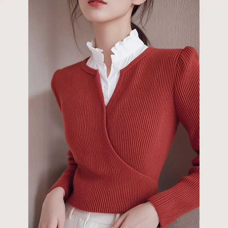 بلوزة أنيقة جديدة راقية مع سترة محبوكة ذات تصميم ف...