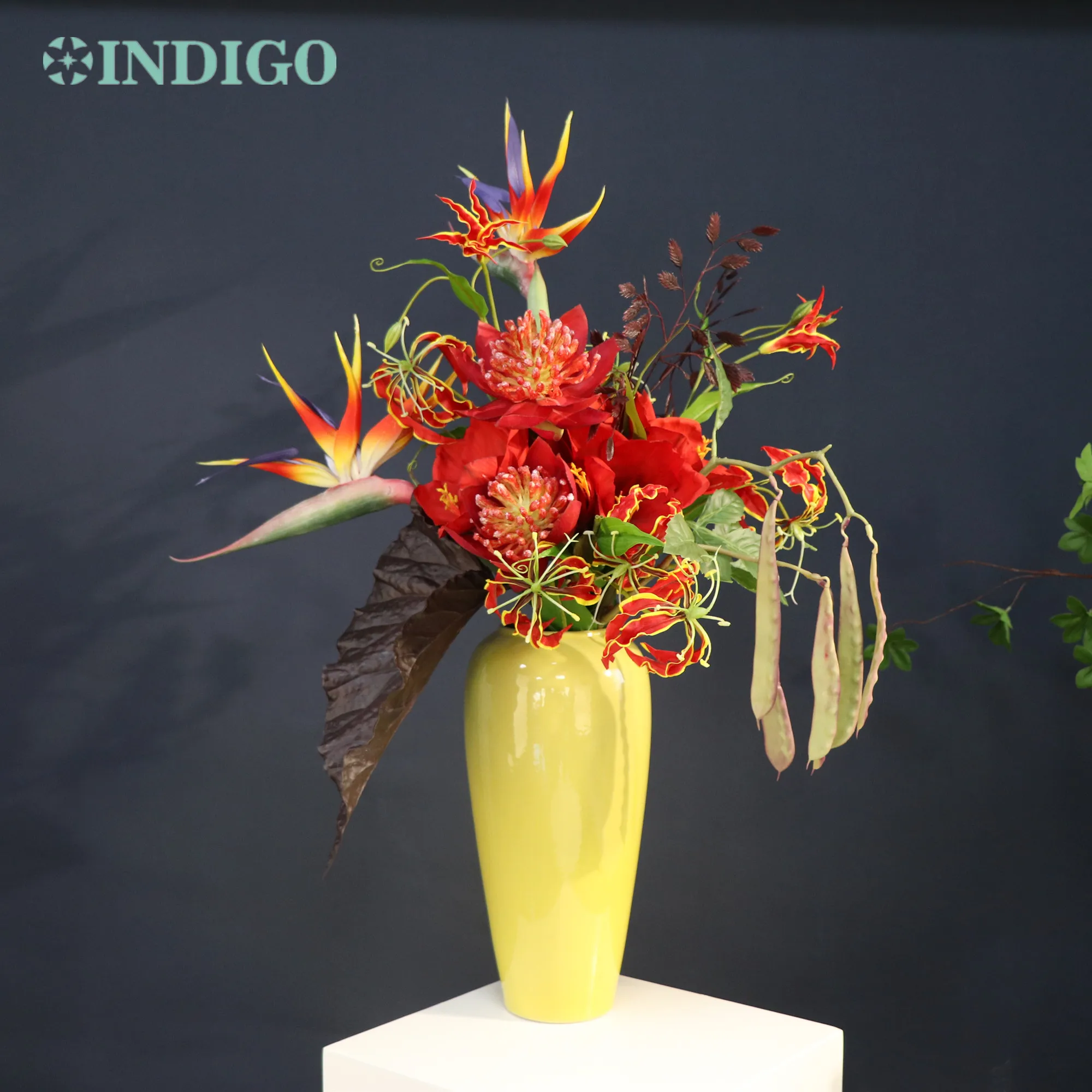 

INDIGO-Large Artificial Flower Red Bouquet,Protea Kaffir Lily Bird of Paradise Orchid,Wedding Flower, Floral Event Party