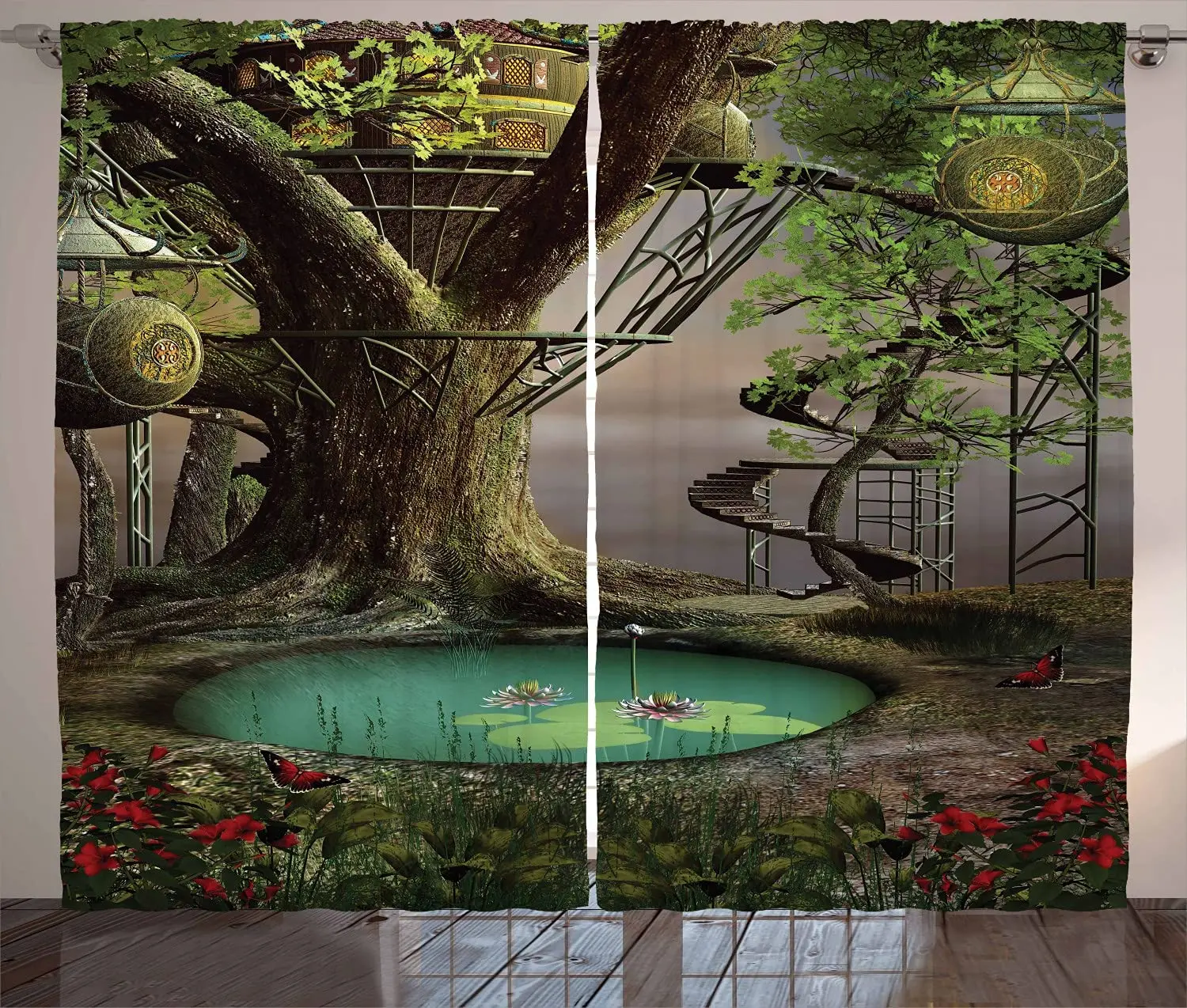 

Realistic Illustration of Enchanted Tree Fort and Lotus Flower on Pond Living Room Bedroom Window Curtain Drapes 2 Panel Set